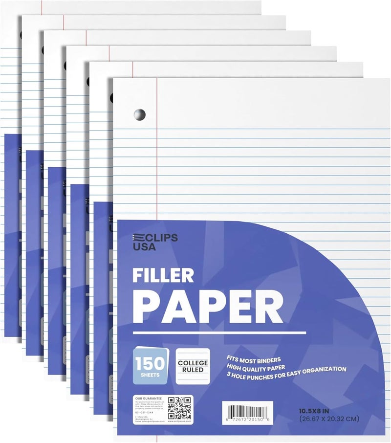 VEEBOOST Graph Paper Loose Leaf Paper College Ruled Notebook Paper College Ruled Lined Writing Filler Paper 10.5” x 8” 900 Sheets 150 Sheets Per Pack 60 gsm (6 Pack) - Image 1